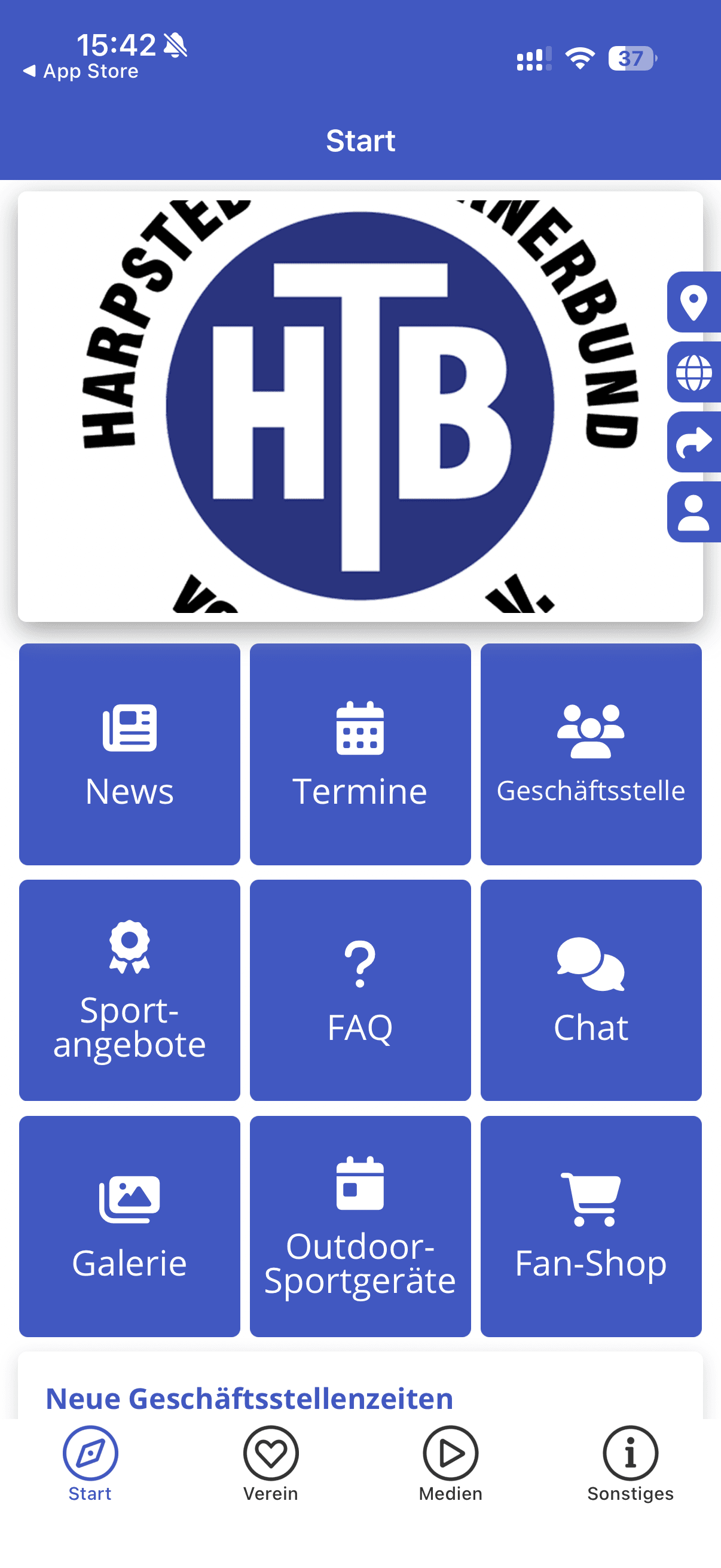 Startbildschirm der HTB-Vereins-App mit Kacheln für News, Termine, Geschäftsstelle, Sparten, FAQ, Chat, Galerie, Outdoor-Sportgeräte und Fan-Shop